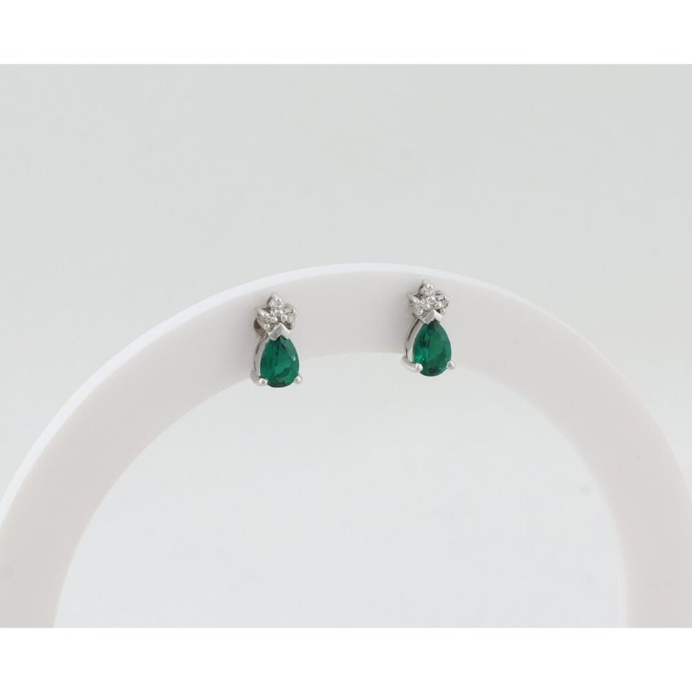 14k White Gold Lab Created Emerald & Diamond Earrings Stud Post Earrings 3/8" - Picture 6 of 9